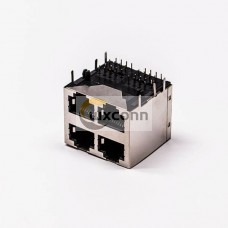 Dual RJ45 Connector 2*2 Female R/A 4 Port with Shield With LED for PCB Mount