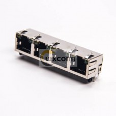 4 Port RJ45 PCB with LED Right Angled Through Hole PCB Mount with EMI 4 Port RJ45 PCB with LED Right Angled Through Hole PCB Mount with EMI